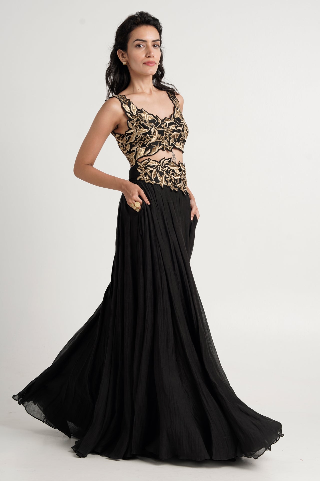 Ruhee 2.0 - Black Chanderi Golden Sequinned Top + Skirt