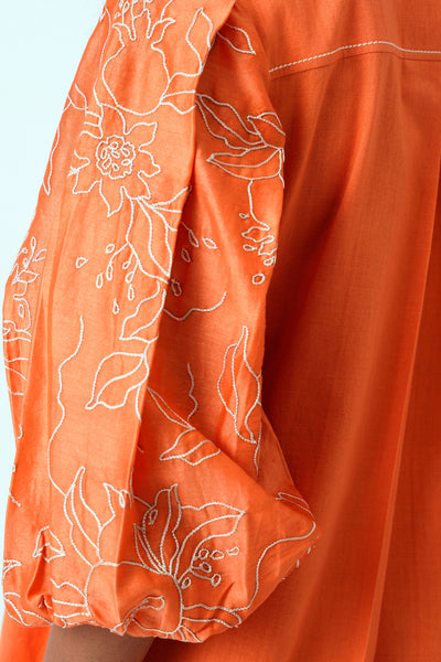 Sunset Orange Oba Set - Embroidered Sleeve Top + Pants