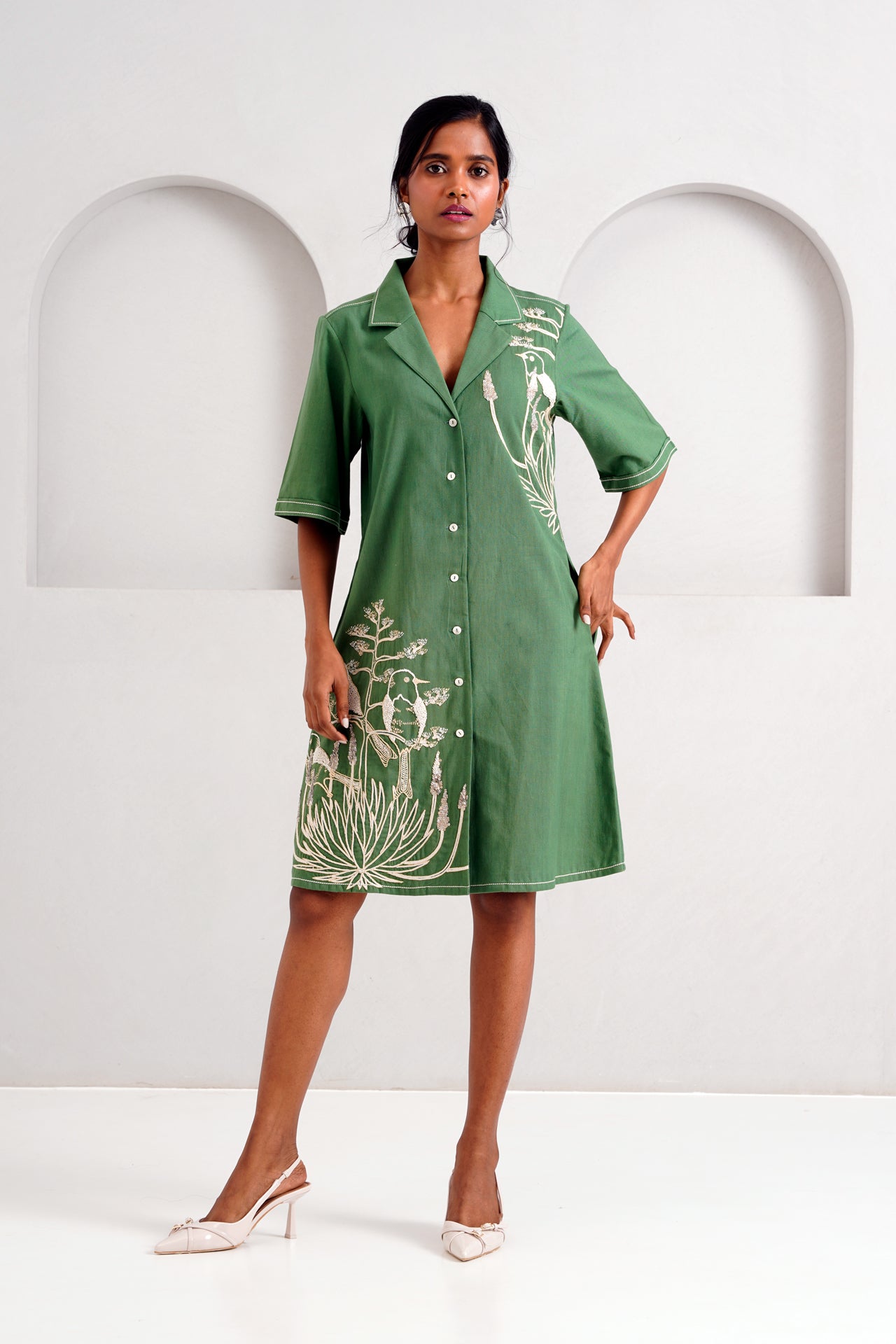 Pine Green Taiwo - Embroidered Shirt Dress