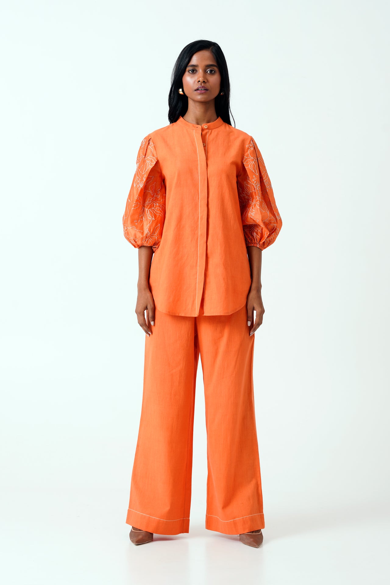 Sunset Orange Oba Set - Embroidered Sleeve Top + Pants