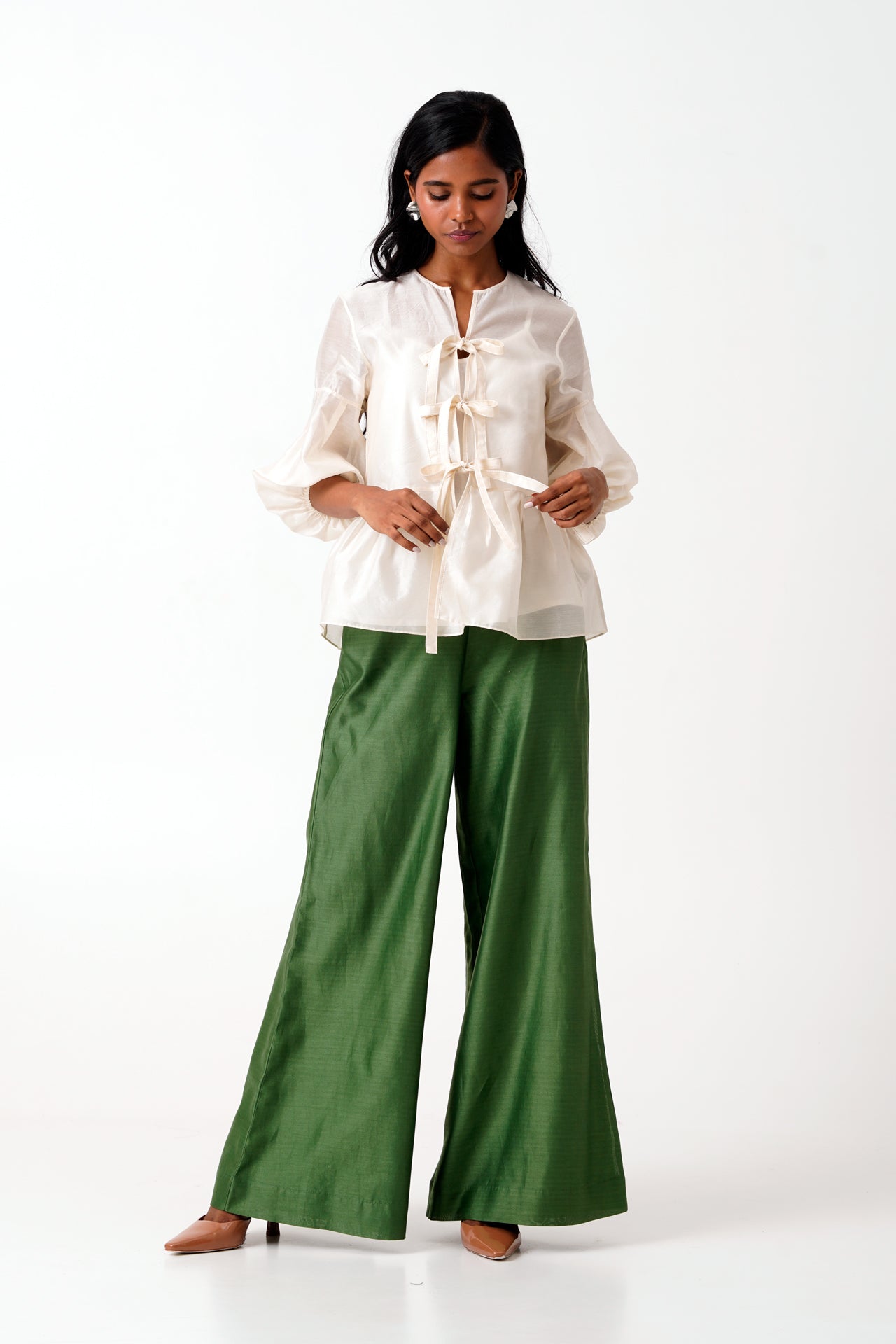 Ivory Toni Set - Multi Knot Peplum Top with Slip + Pine Green Pants