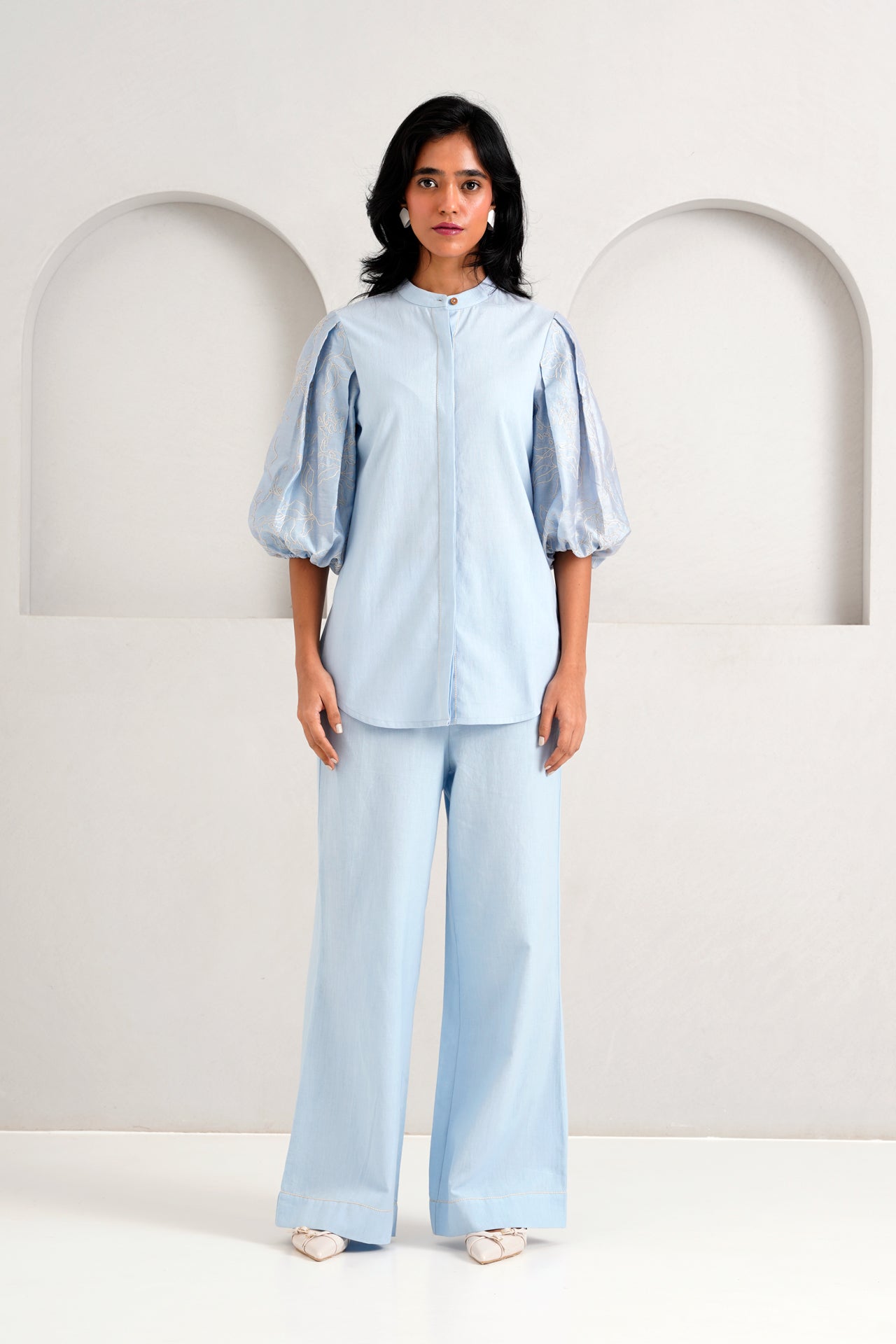 Ice Blue Oba Set - Embroidered Sleeve Top + Pants