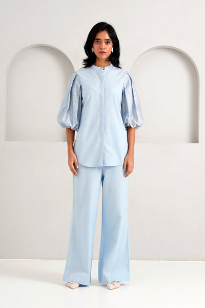 Ice Blue Oba Set - Embroidered Sleeve Top + Pants