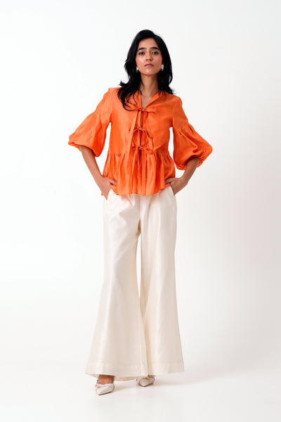 Sunset Orange Toni Set - Multi Knot Peplum Top with Slip + Pants
