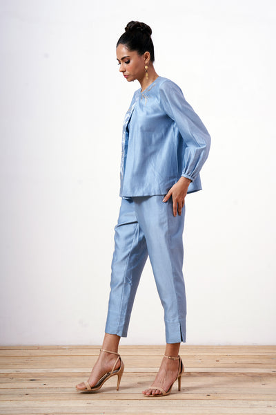 Miriam - Powder Blue Demure Top with Ankle Pants